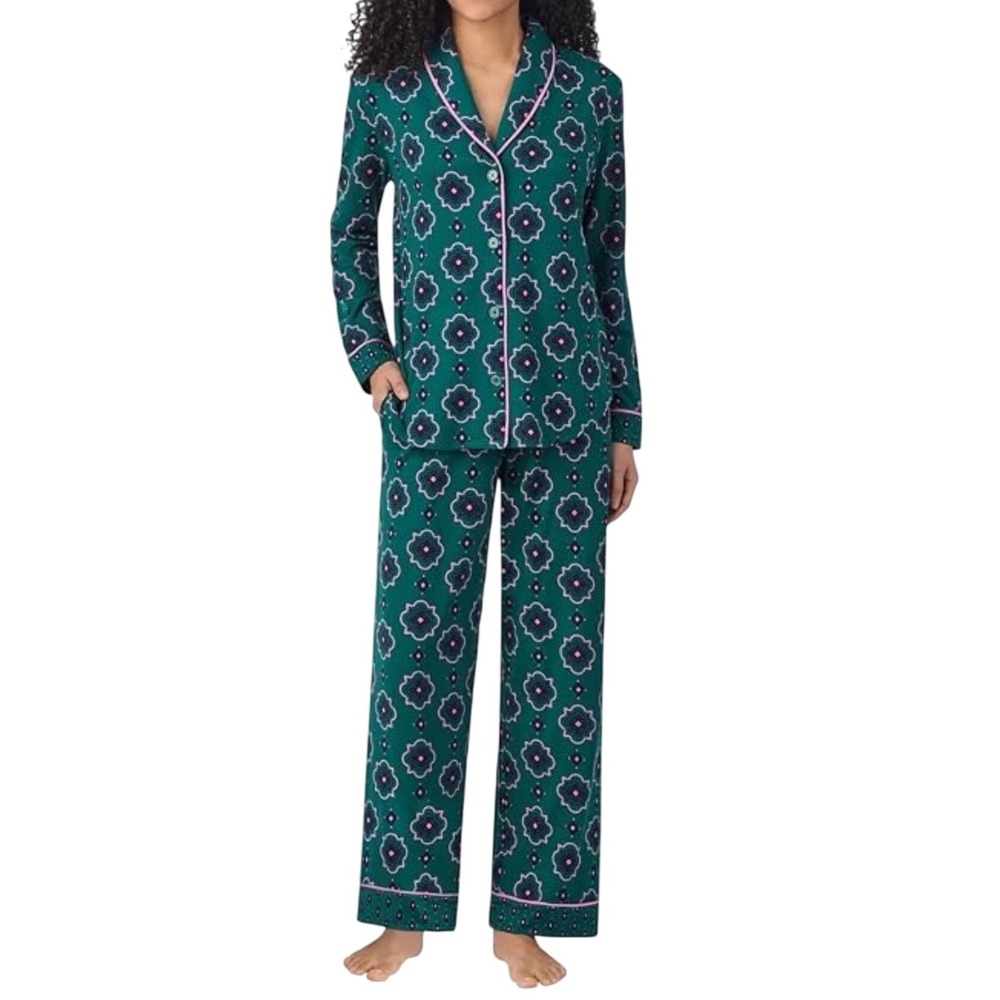 Room Service Green Pink Floral Pajama Set XXL Shawl Collar Cozy Lounge PJs